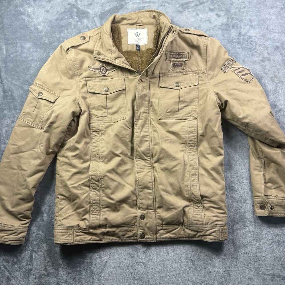 Wenven Jacket Men's Medium Tan Military Style Canvas Full Zip 1999 Embroidered